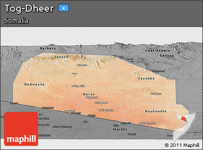 Satellite Panoramic Map of Tog-Dheer, darken, desaturated