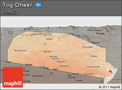 Satellite Panoramic Map of Tog-Dheer, darken, semi-desaturated