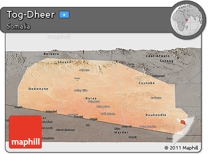 Satellite Panoramic Map of Tog-Dheer, darken, semi-desaturated
