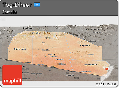 Satellite Panoramic Map of Tog-Dheer, darken, semi-desaturated