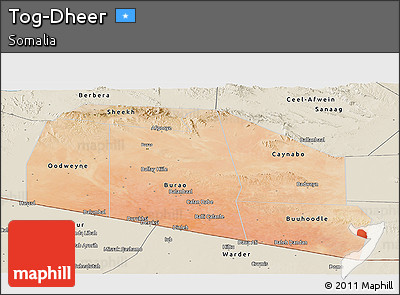 Satellite Panoramic Map of Tog-Dheer, shaded relief outside