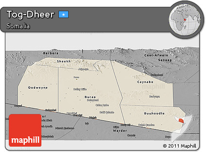 Shaded Relief Panoramic Map of Tog-Dheer, darken, desaturated