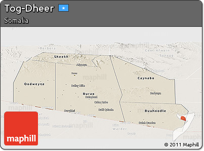 Shaded Relief Panoramic Map of Tog-Dheer, lighten