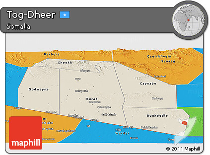 Shaded Relief Panoramic Map of Tog-Dheer, political outside