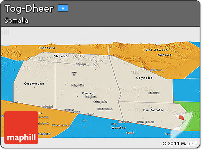Shaded Relief Panoramic Map of Tog-Dheer, political outside