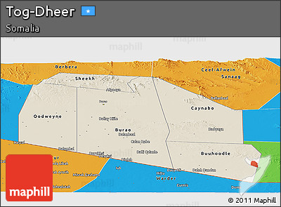 Shaded Relief Panoramic Map of Tog-Dheer, political outside