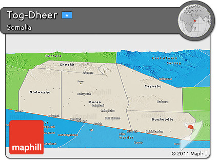 Shaded Relief Panoramic Map of Tog-Dheer, political shades outside