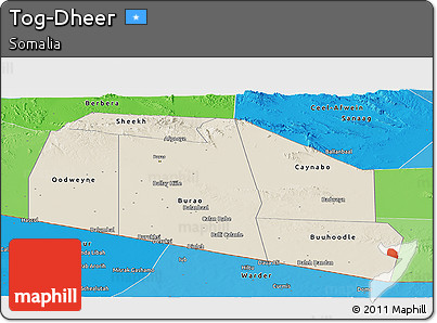 Shaded Relief Panoramic Map of Tog-Dheer, political shades outside