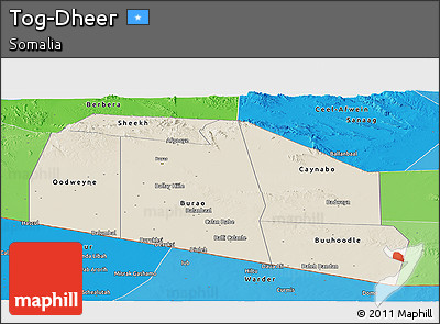 Shaded Relief Panoramic Map of Tog-Dheer, political shades outside