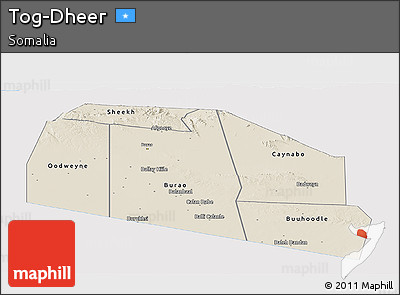 Shaded Relief Panoramic Map of Tog-Dheer, single color outside