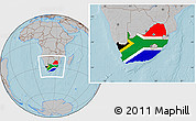 Flag Location Map of South Africa, gray outside, hill shading outside