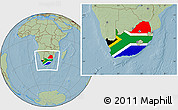 Flag Location Map of South Africa, savanna style outside, hill shading outside