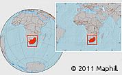 Gray Location Map of South Africa, within the entire continent, hill shading
