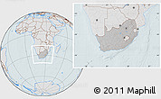 Gray Location Map of South Africa, lighten, hill shading