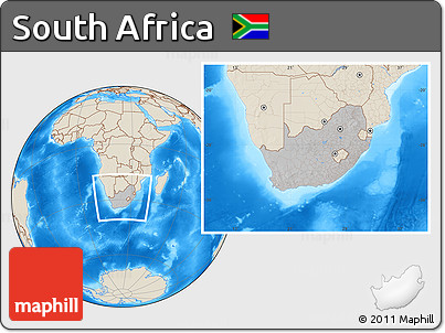 Gray Location Map of South Africa, shaded relief outside, hill shading