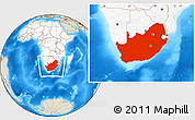 Shaded Relief Location Map of South Africa, highlighted continent