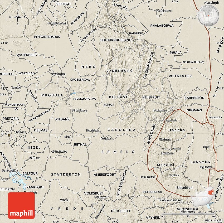 Shaded Relief Map of Mpumalanga