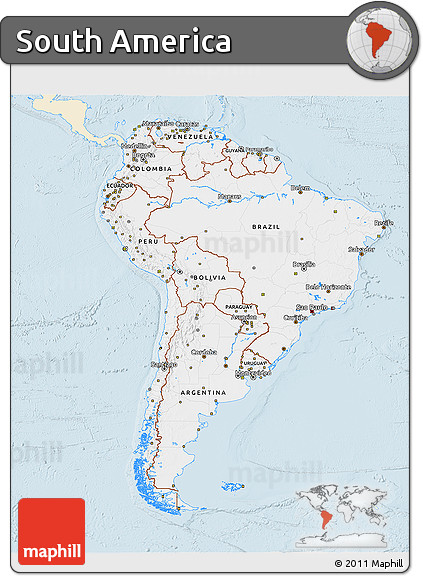 Classic Style 3D Map of South America, single color outside
