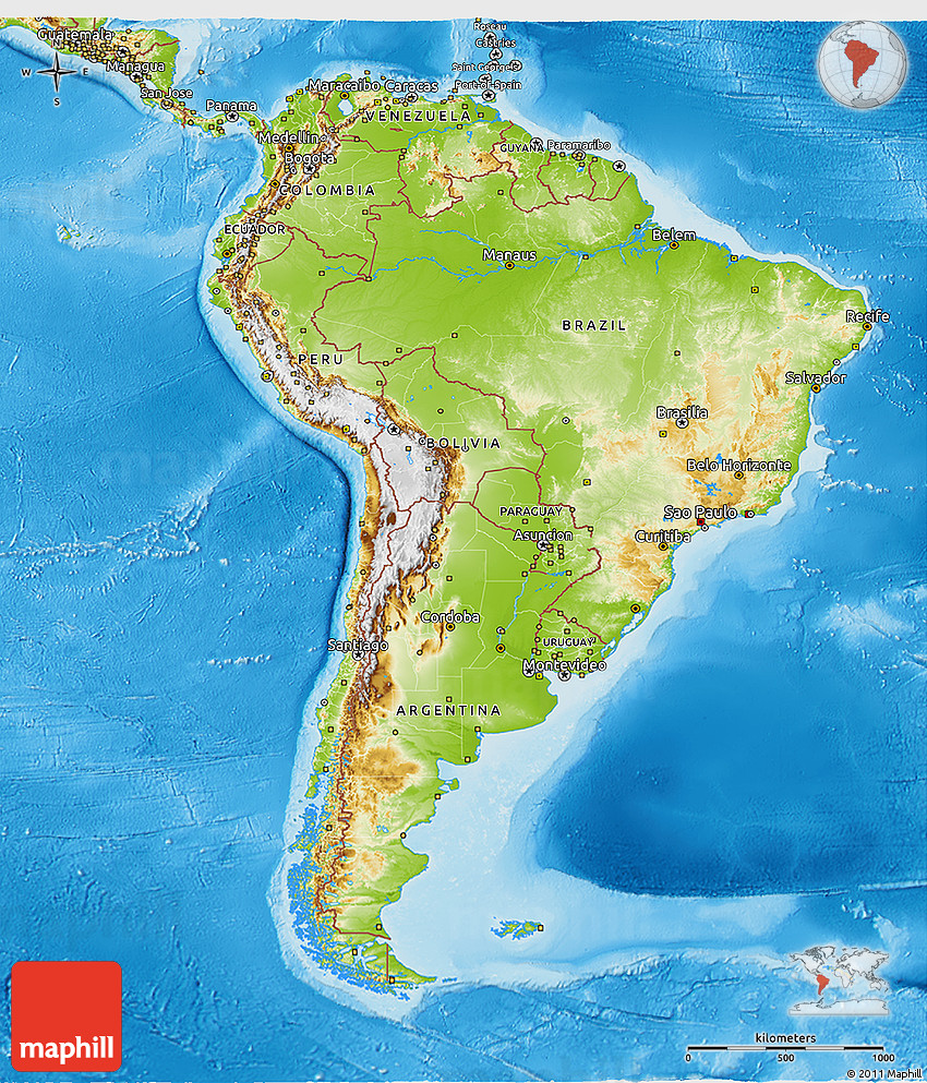 Physical 3d Map Of South America