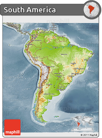 Physical 3D Map of South America, semi-desaturated