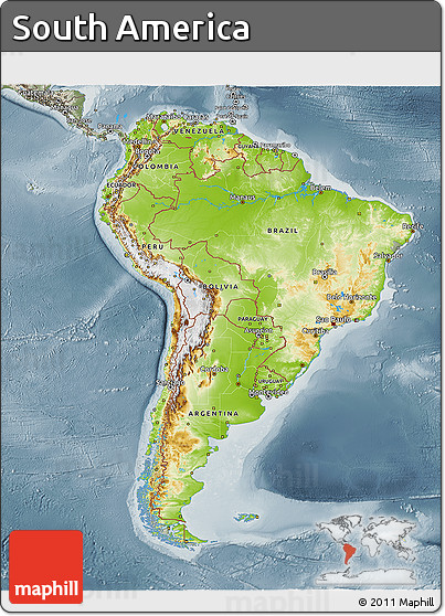 Physical 3D Map of South America, semi-desaturated
