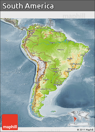 Physical 3D Map of South America, semi-desaturated