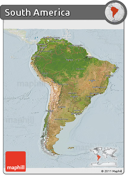 Satellite 3D Map of South America, lighten