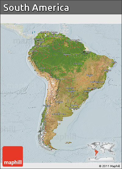 Satellite 3D Map of South America, lighten