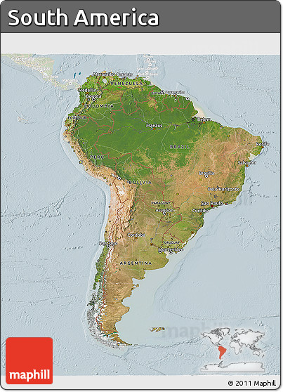 Satellite 3D Map of South America, lighten