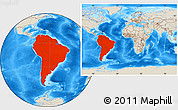 Shaded Relief Location Map of South America, within the entire world