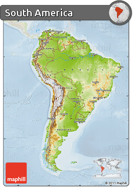 Physical Map of South America, lighten
