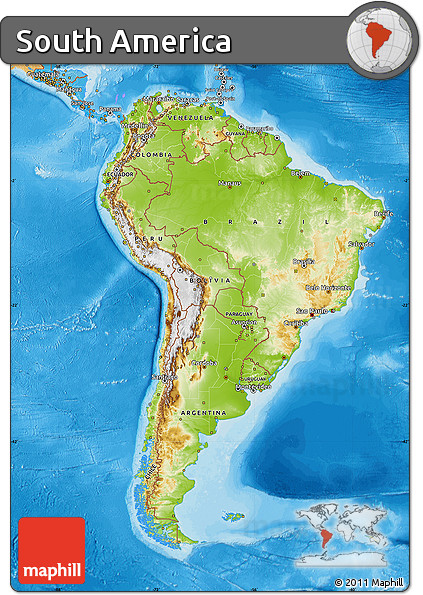 Physical Map of South America, political shades outside