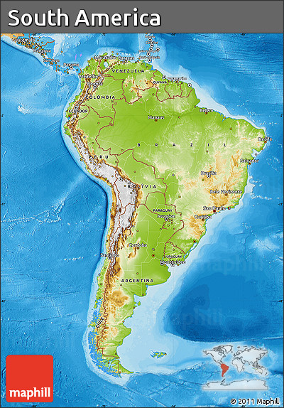 Physical Map of South America, political shades outside
