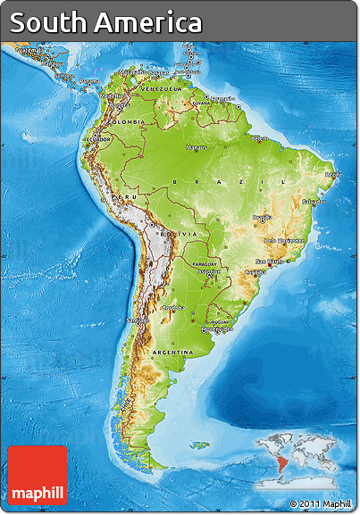 Physical Map of South America, political shades outside