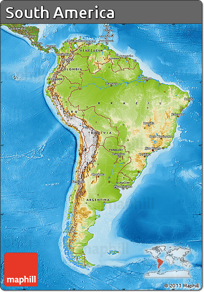 Physical Map of South America, satellite outside, shaded relief sea