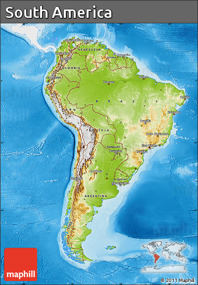 Physical Map of South America, single color outside