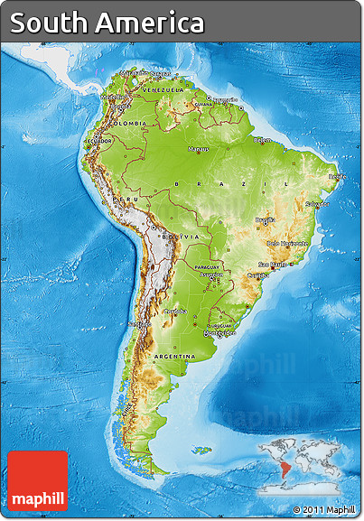 Physical Map of South America, single color outside