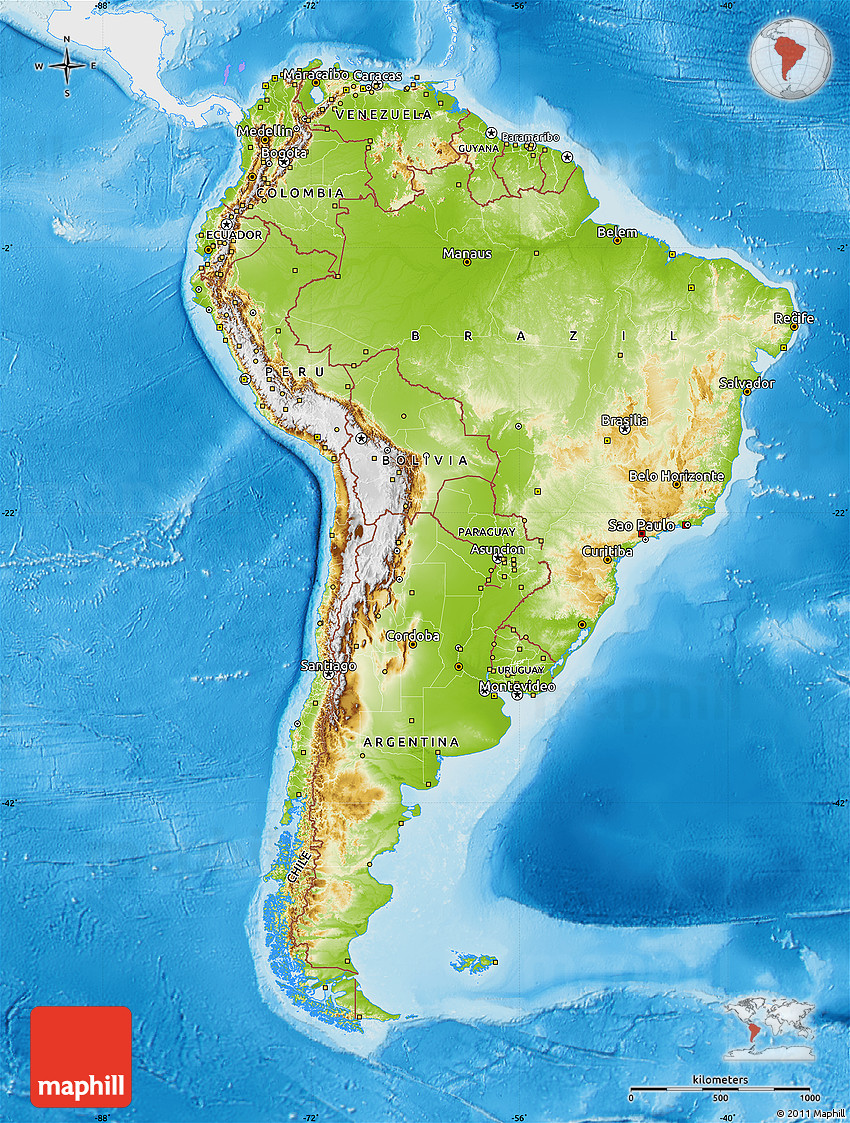Physical Map Of South America Single Color Outside