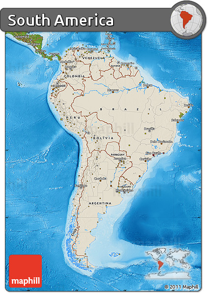 Shaded Relief Map of South America, satellite outside, shaded relief sea