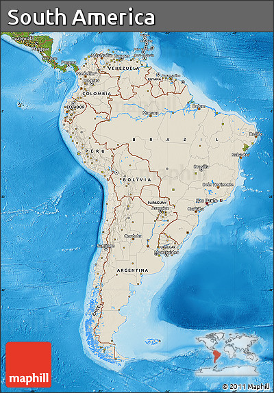 Shaded Relief Map of South America, satellite outside, shaded relief sea