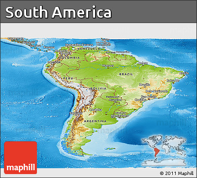 Physical Panoramic Map of South America, political shades outside, shaded relief sea
