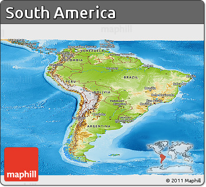 Physical Panoramic Map of South America, political shades outside, shaded relief sea