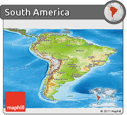 Physical Panoramic Map of South America, satellite outside, shaded relief sea