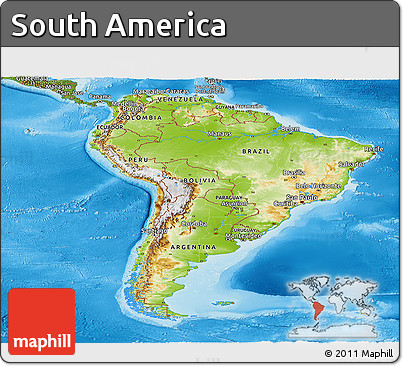 Physical Panoramic Map of South America, satellite outside, shaded relief sea
