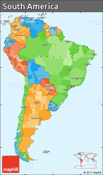 Political Simple Map of South America, single color outside, borders and labels