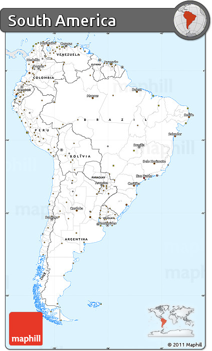 Silver Style Simple Map of South America, single color outside