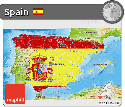 Flag 3D Map of Spain, physical outside, bathymetry sea, flag centered