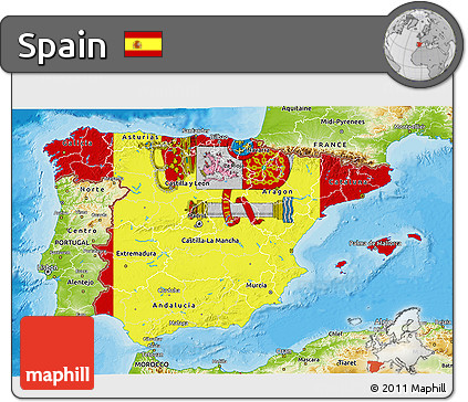 Flag 3D Map of Spain, physical outside, bathymetry sea, flag aligned to the middle