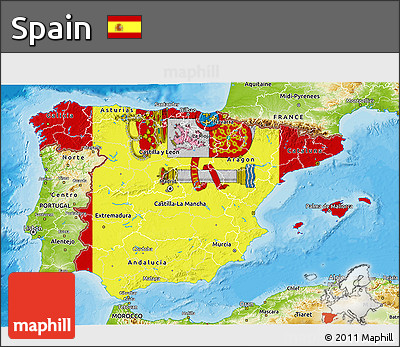 Flag 3D Map of Spain, physical outside, bathymetry sea, flag aligned to the middle