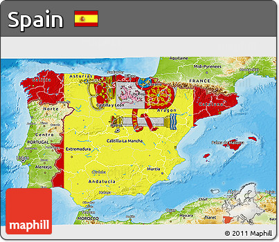Flag 3D Map of Spain, physical outside, bathymetry sea, flag aligned to the middle